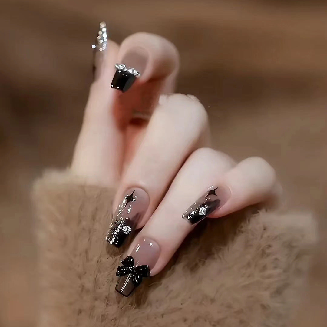 Black Ice Transparent Dark Gradient Bow Manicure