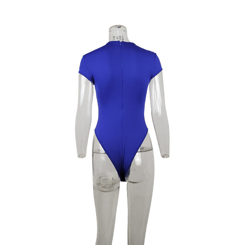 Spring New Fashion Zip Short Sleeve Jumpsuit