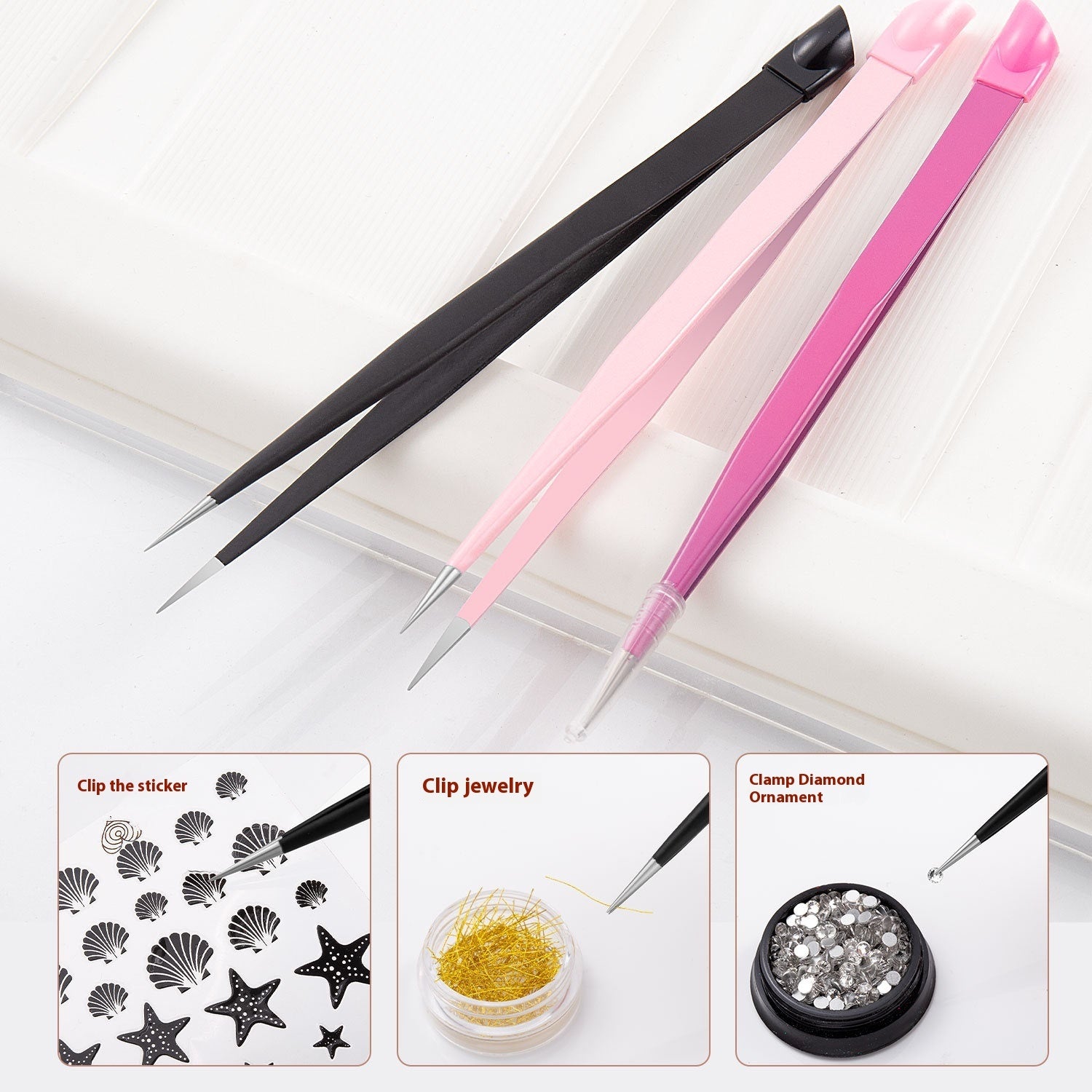Manicure Double-headed Tweezers Multi-function With Silicone Pressing Stick