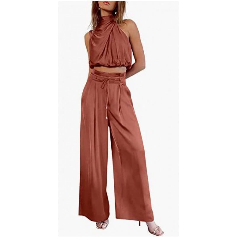 Women's Summer Sets Casual Sleeveless Midriff-baring Top & Wide Leg Pants 2pcs Set