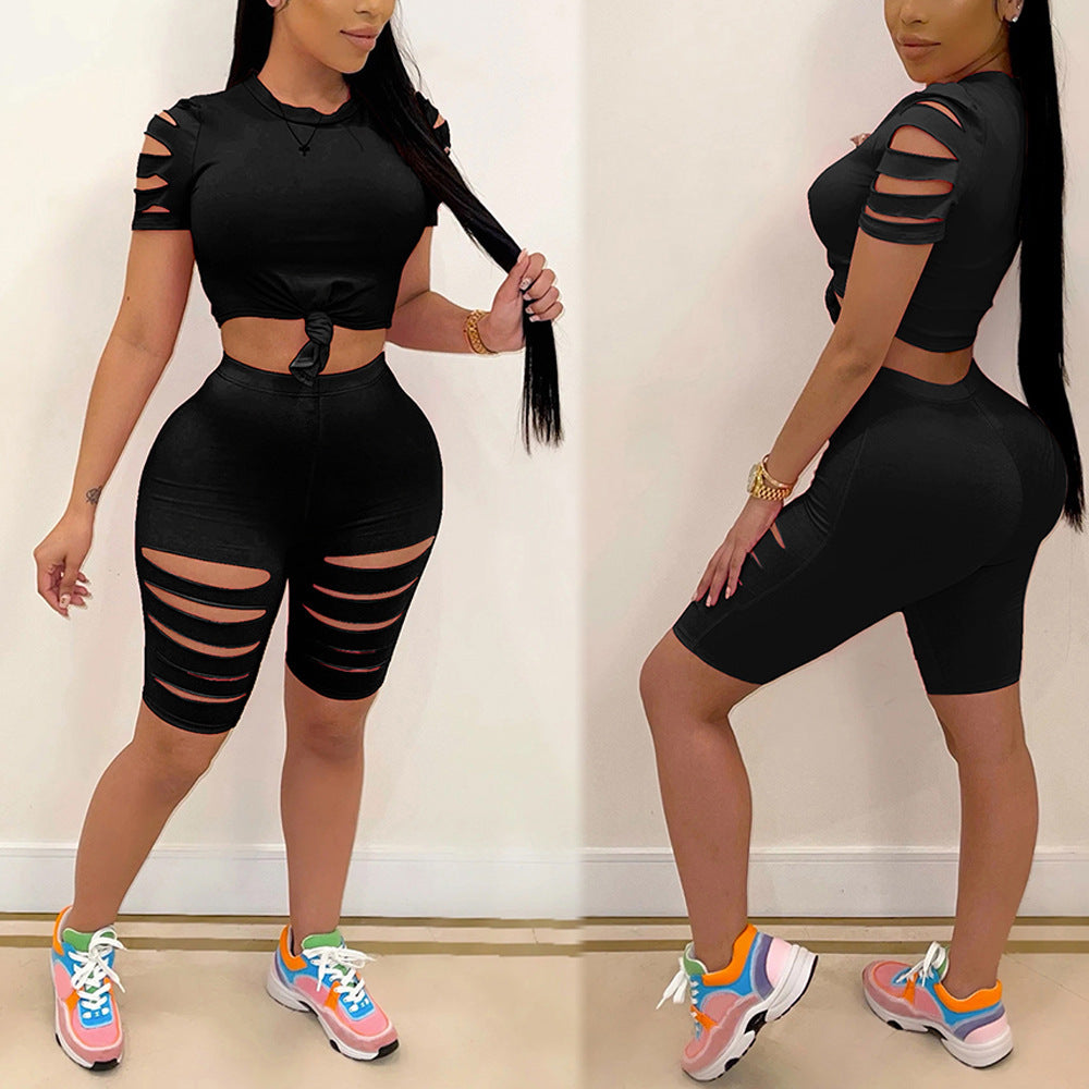 Women's Fashion Casual Two-Piece Set Ripped Tie Waist Tee and Bike Short