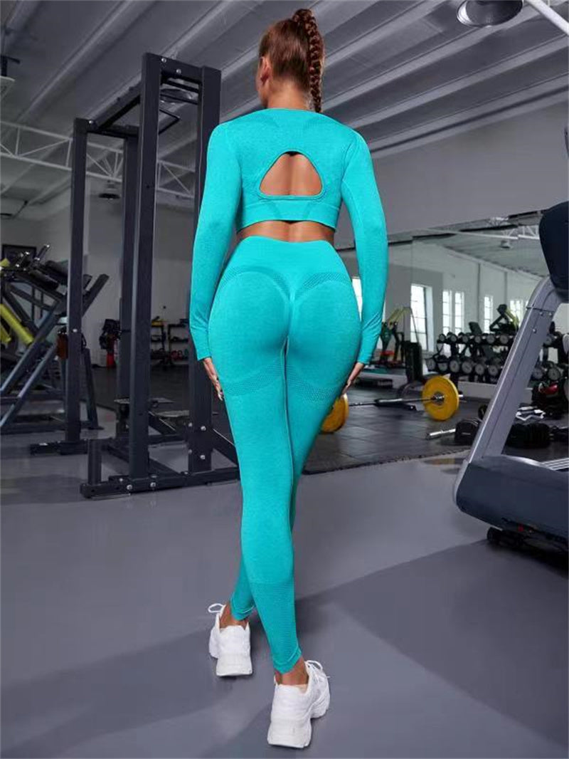 2pcs Sports Set Long Sleeve Cutout Tops And Butt Lifting High Waist Seamless Fitness Leggings Yoga Gym Sportswear Outfits Clothing