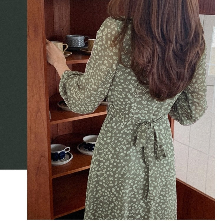Retro Tea Break Green Floral Chiffon Dress