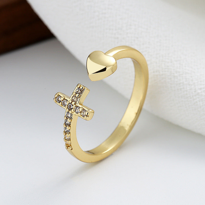 Cross Heart Ring with Rhinestones Open Adjustable Ring